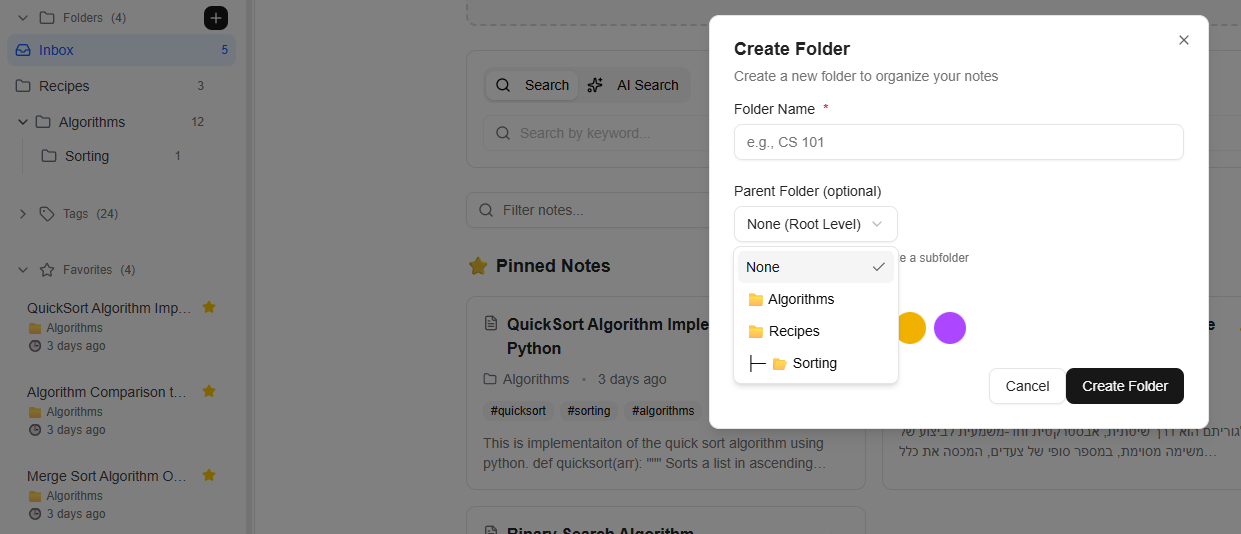 Folder hierarchy with color coding